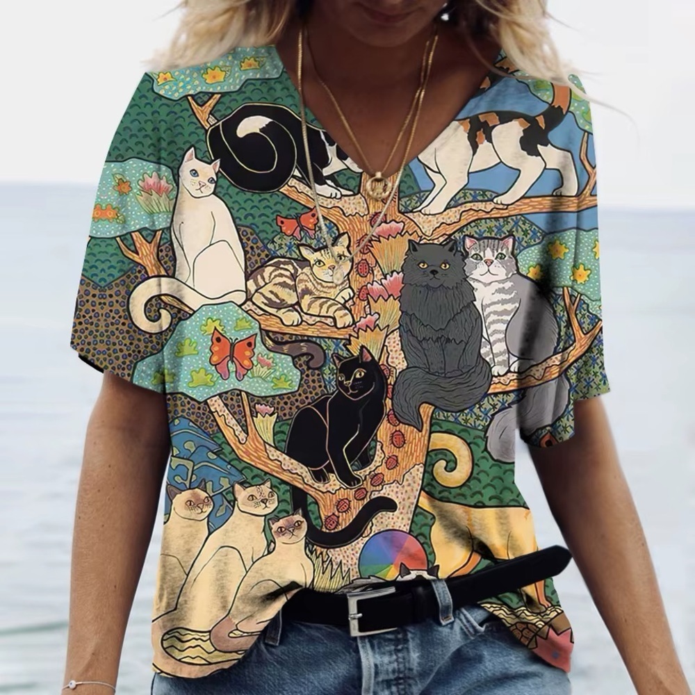 Shall We Cats on Tree Multicolor Print V-Neck Short Sleeve Kitty Lovers